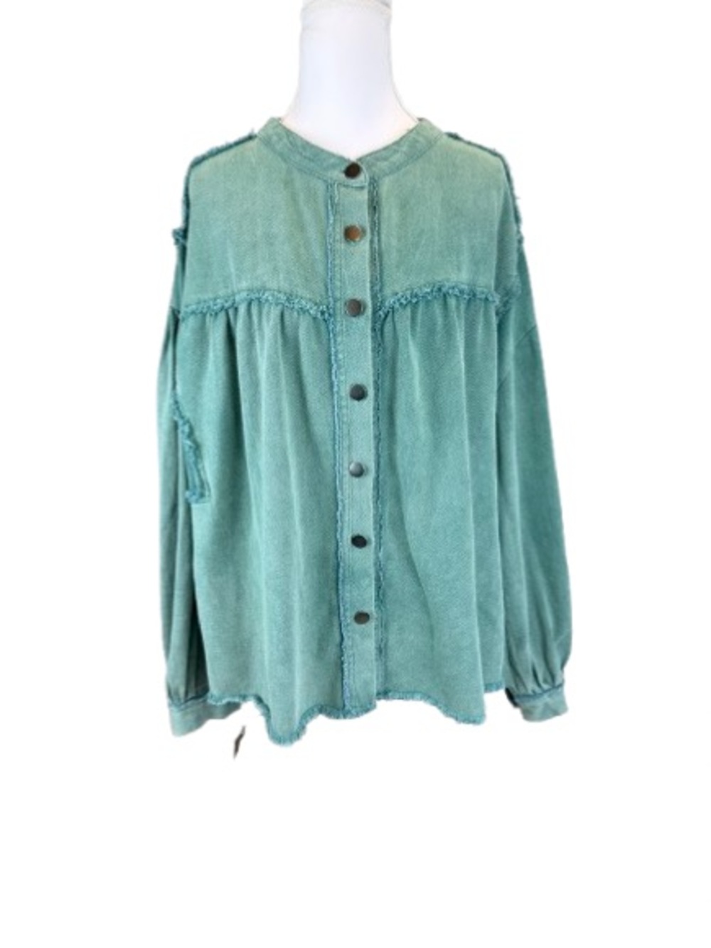POL Boho Mineral Wash Top Green Oversized Raw Edge Button M NEW Cottagecore